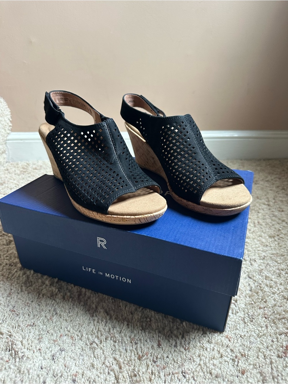 Rockport Black Perforated Slingback Wedge Sandals